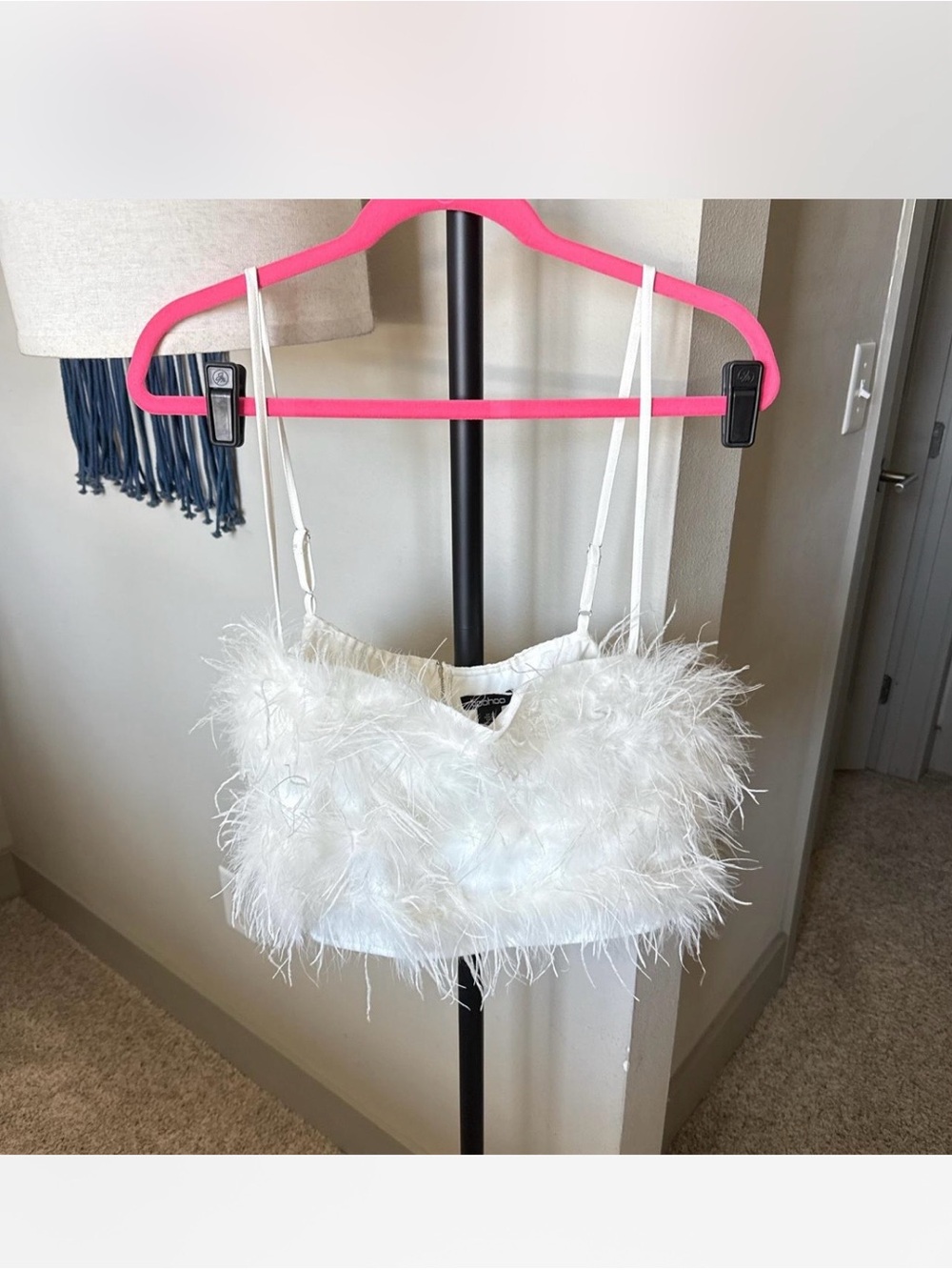 Boohoo White Feather Trim Spaghetti Strap Tank Top
